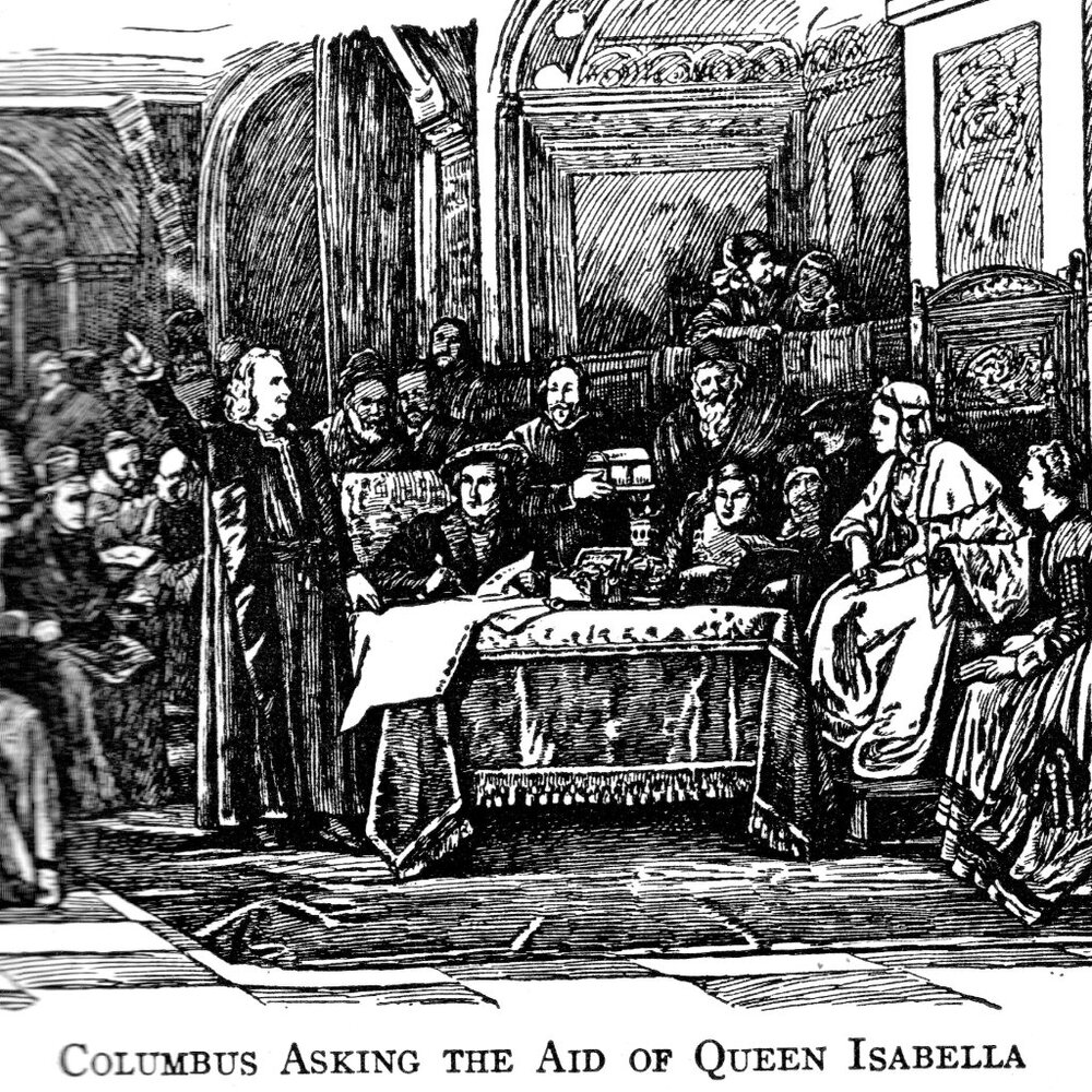 Columbus Asking The Aid of Isabella  - Framed Black and White Drawing